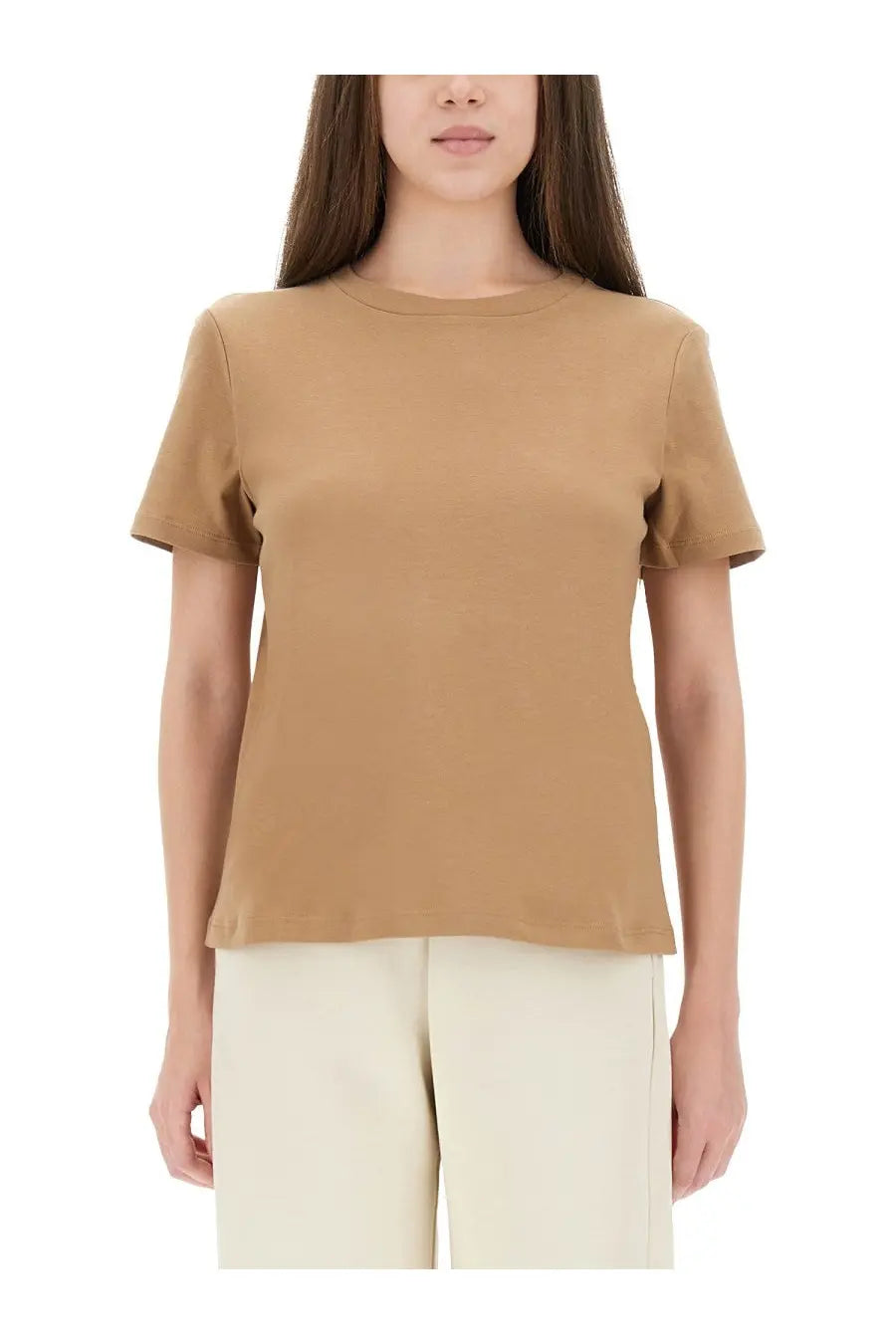 S Max Mara women’s bud shirt beige short-sleeved soft camel-colored top with round neckline and relaxed fit