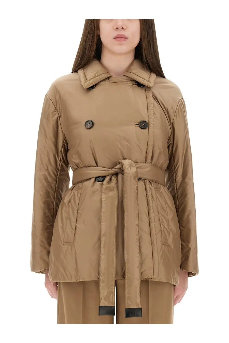 S Max Mara women’s Calla padded trench coat in beige tan quilted fabric with belted waist and dark buttons