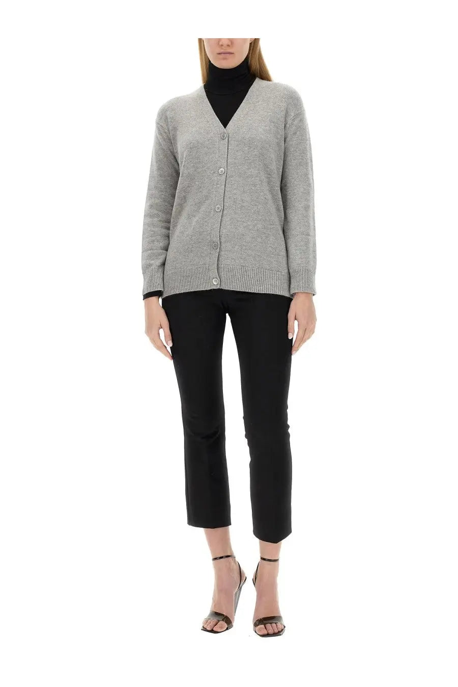 A light gray s max mara women’s cardigan jane grey with a v-neck front button closure and long sleeves
