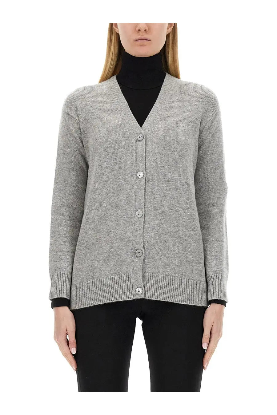 S Max Mara women’s cardigan Jane grey is a soft heather gray v-neck with subtle ribbed cuffs and hem