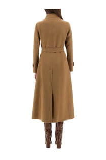 A camel-colored long wool trench coat with belted waist and classic collar from S Max Mara sem beige collection