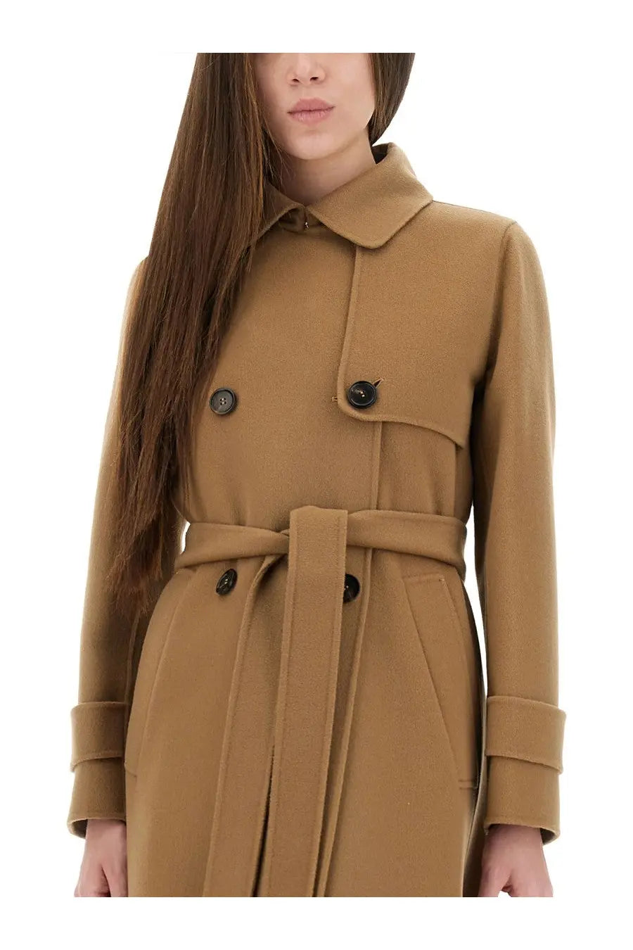 S Max Mara women’s double breasted camel wool trench coat with black buttons and matching belt in sem beige
