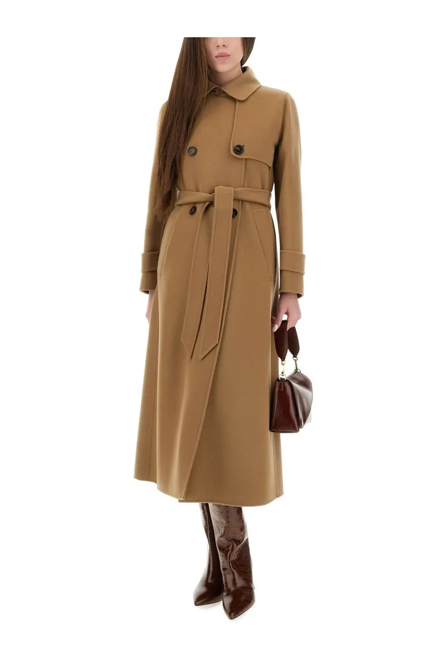 A camel-colored wool trench coat with belted waist and double-breasted front by S Max Mara in sem beige
