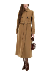 A camel-colored wool trench coat with belted waist and double-breasted front by S Max Mara in sem beige