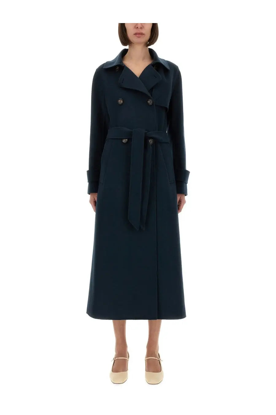 A navy blue sem blue double breasted trench coat by S Max Mara with belted waist and classic collar for women