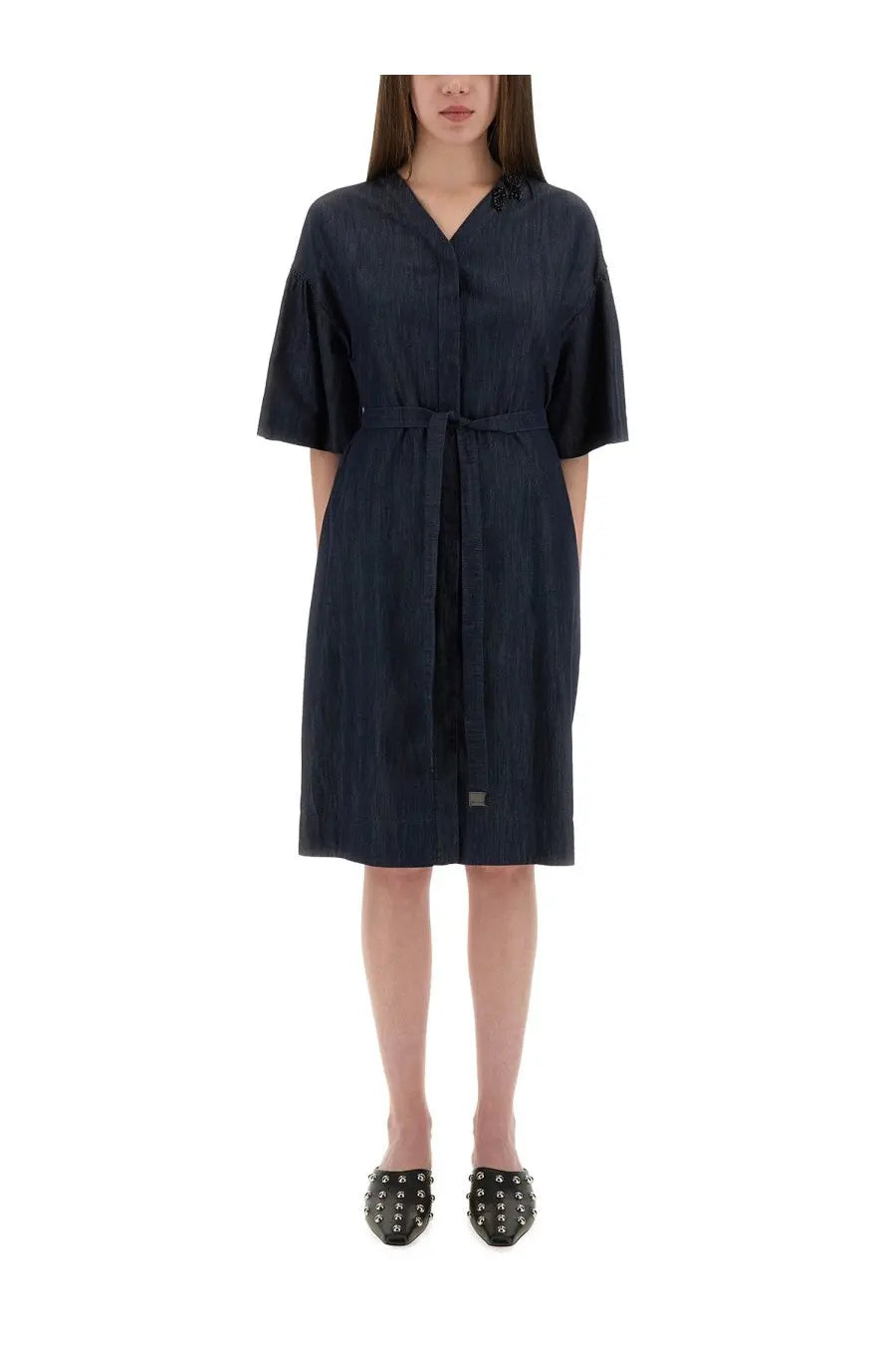 S Max Mara women’s denim dress Dania blue with v-neck short flutter sleeves and matching belt at the waist