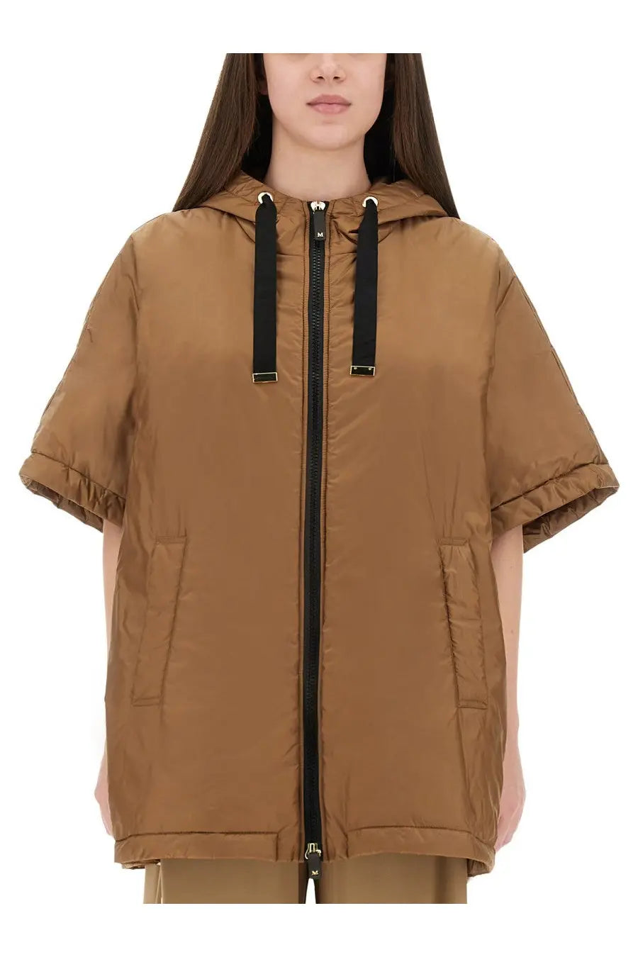 S Max Mara women’s Greenci beige padded jacket with tan hood, short sleeves, and black drawstring details
