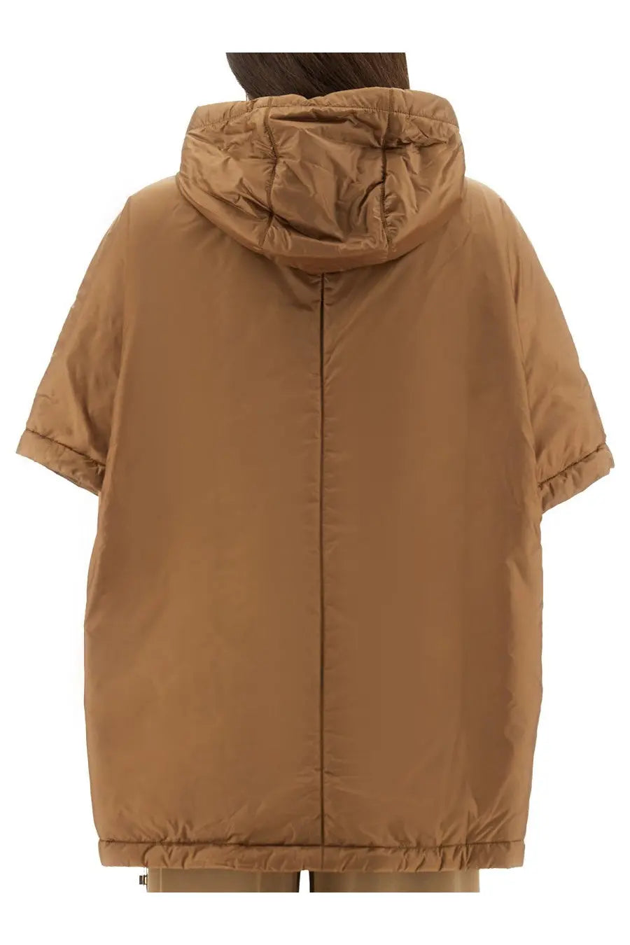 S Max Mara women’s beige Greenci padded jacket with short sleeves quilted design and hood in tan puffer style