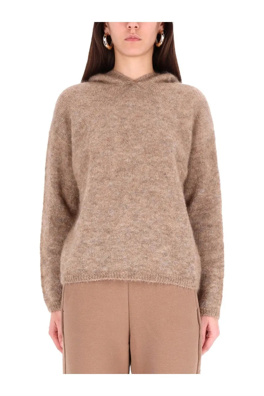 S Max Mara women’s beige hooded shirt with soft fuzzy texture and long sleeves perfect for casual wear