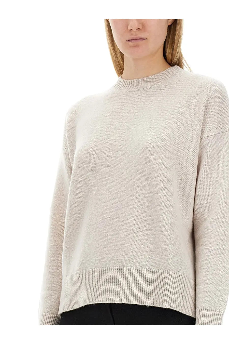 S Max Mara women’s jersey Venice pink soft off-white knit sweater with ribbed crew neckline and cuffs
