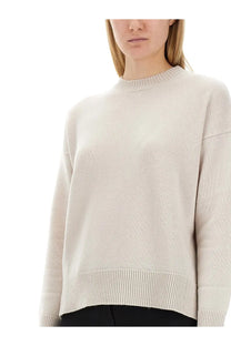 S Max Mara women’s jersey Venice pink soft off-white knit sweater with ribbed crew neckline and cuffs