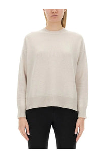 S Max Mara women’s venice pink soft off-white ribbed knit sweater with relaxed fit and crew neckline