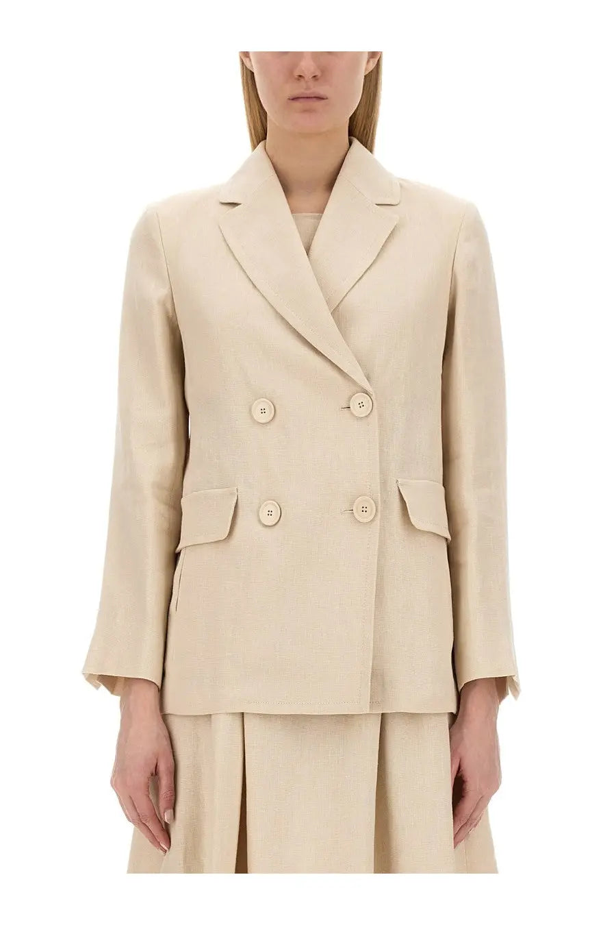 Beige s max mara women’s laura double-breasted blazer with matching buttons and flap pockets in wool blend fabric