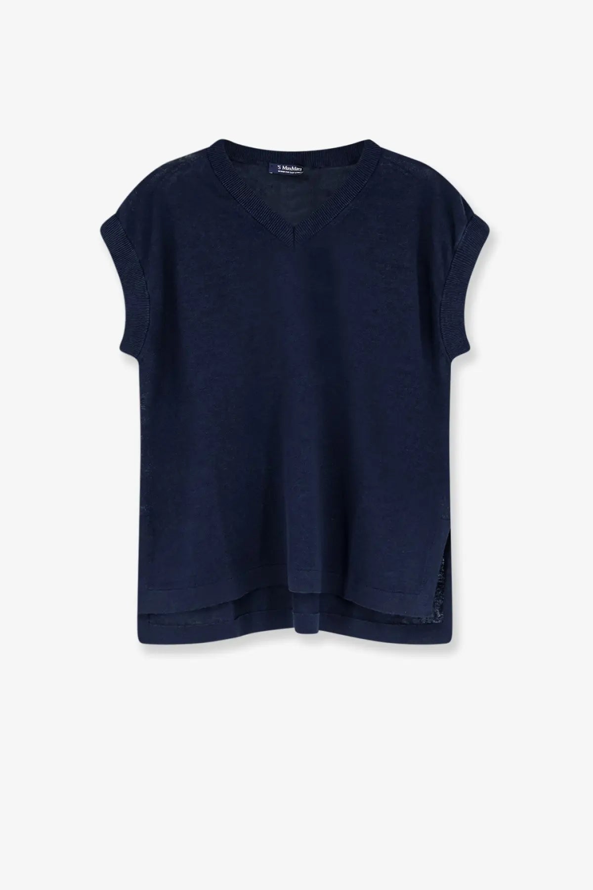 Navy blue short-sleeved knit top with ribbed cuffs and v-neckline from s max mara womens linen vest blue collection