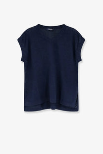 Navy blue short-sleeved knit top with ribbed cuffs and v-neckline from s max mara womens linen vest blue collection