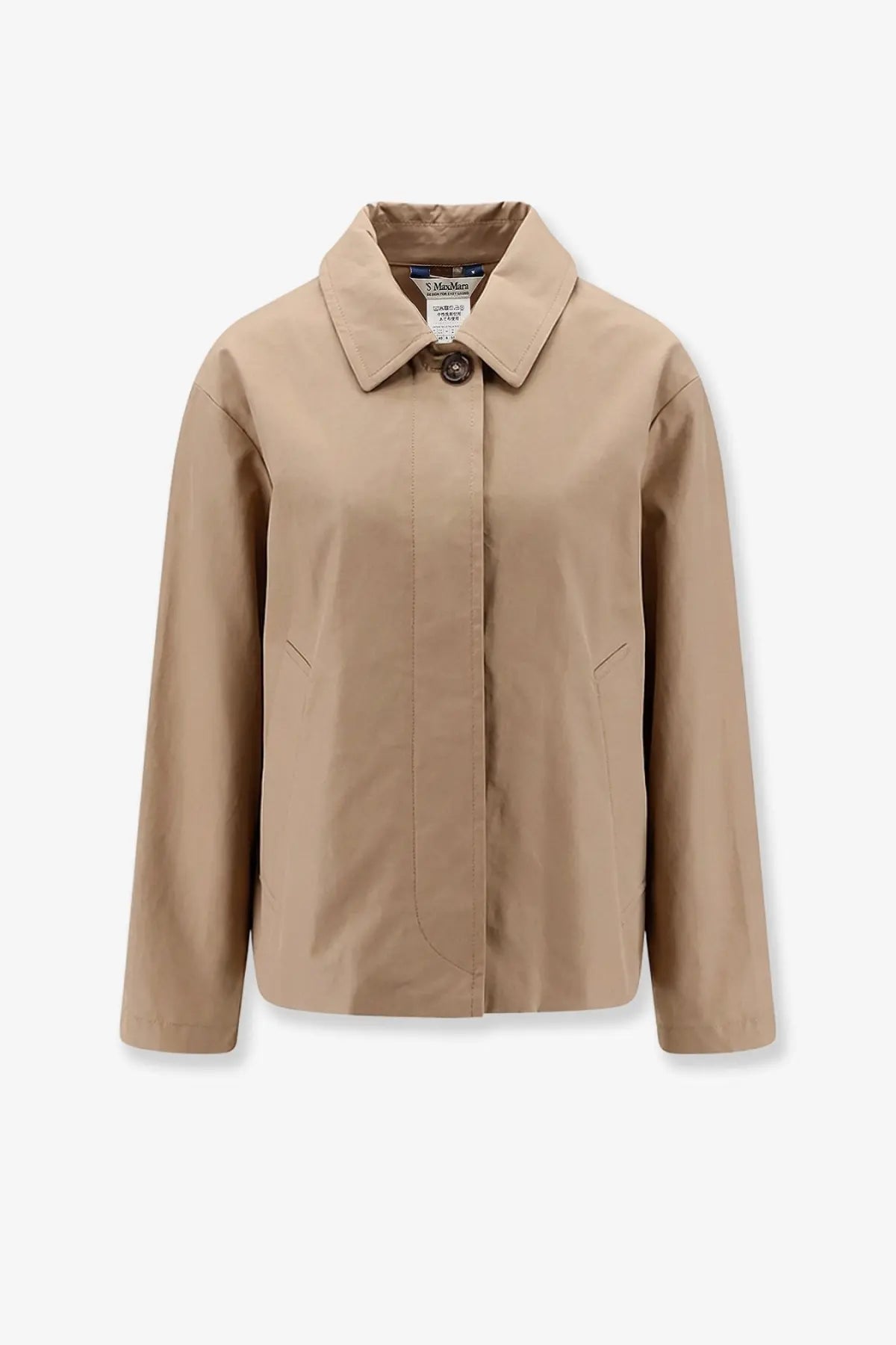 Beige trench coat with classic collar and single button closure in biologic cotton blend by s max mara