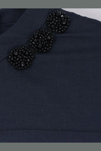S Max Mara women’s smmclarissa dark navy cotton long dress with three black beaded embellishments along neckline