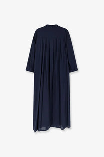A navy blue cotton long dress by S Max Mara featuring a loose fit and pleated front with three quarter sleeves