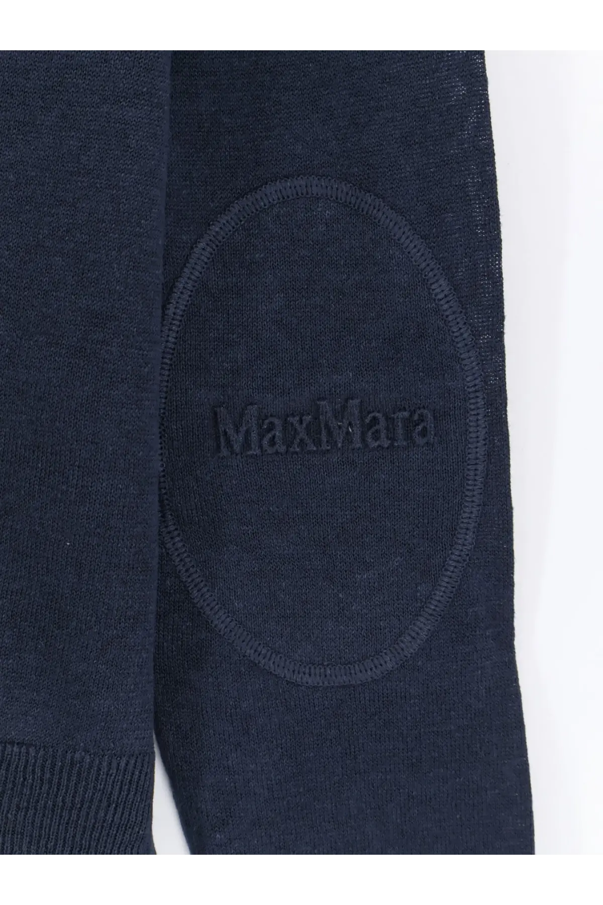 Dark navy blue linen knit sweater from s max mara with an oval patch embroidered with max mara logo