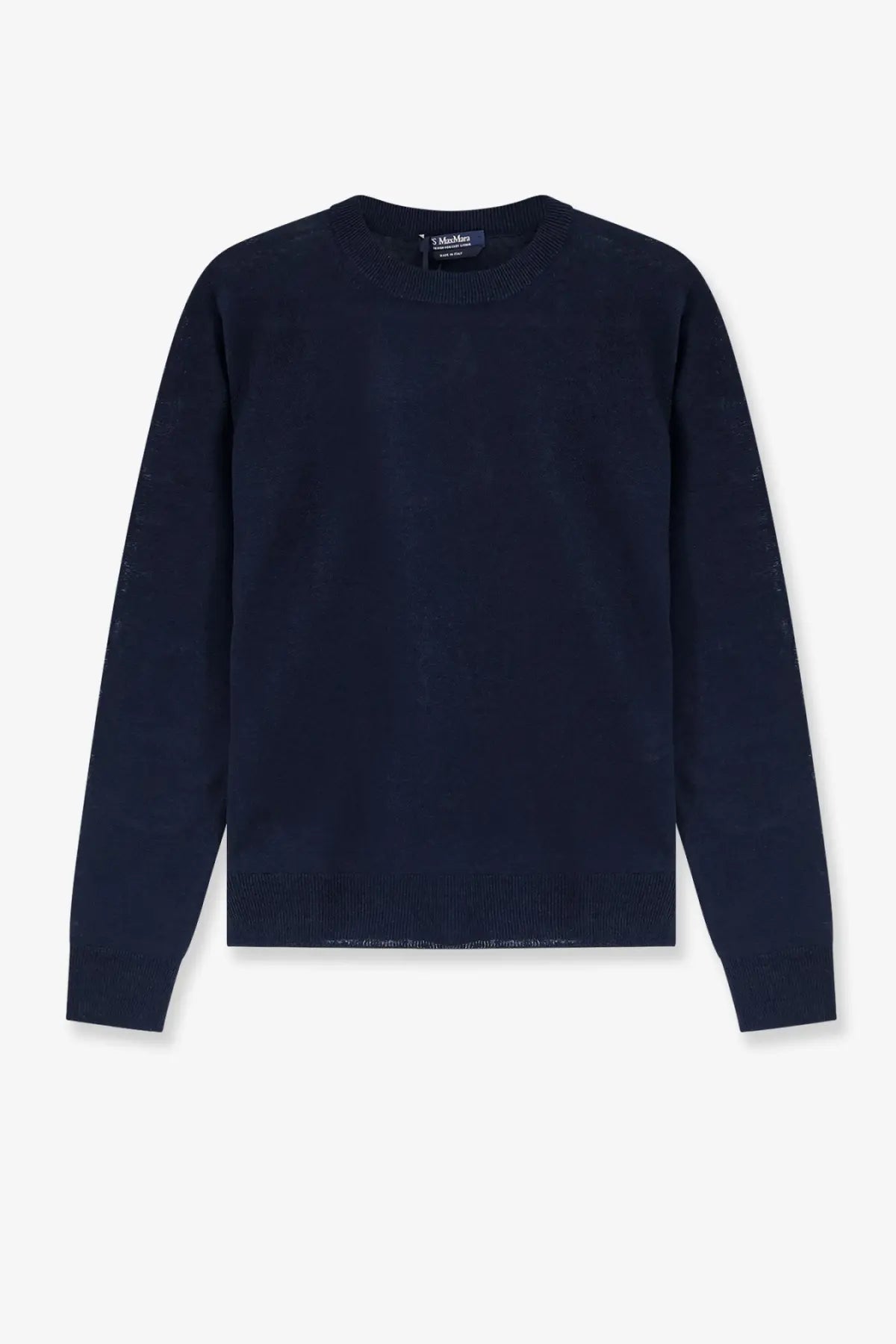 A navy blue linen crewneck sweater by S Max Mara with ribbed cuffs hem and textured sleeve pattern