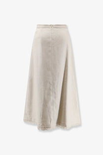 Beige s max mara women’s linen and cotton midi skirt with subtle vertical seam and frayed hem in white color