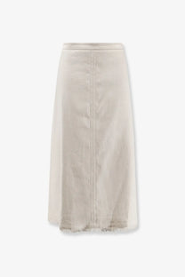 Cream-colored corduroy midi skirt with straight hem and frayed edge from s max mara linen and cotton collection white