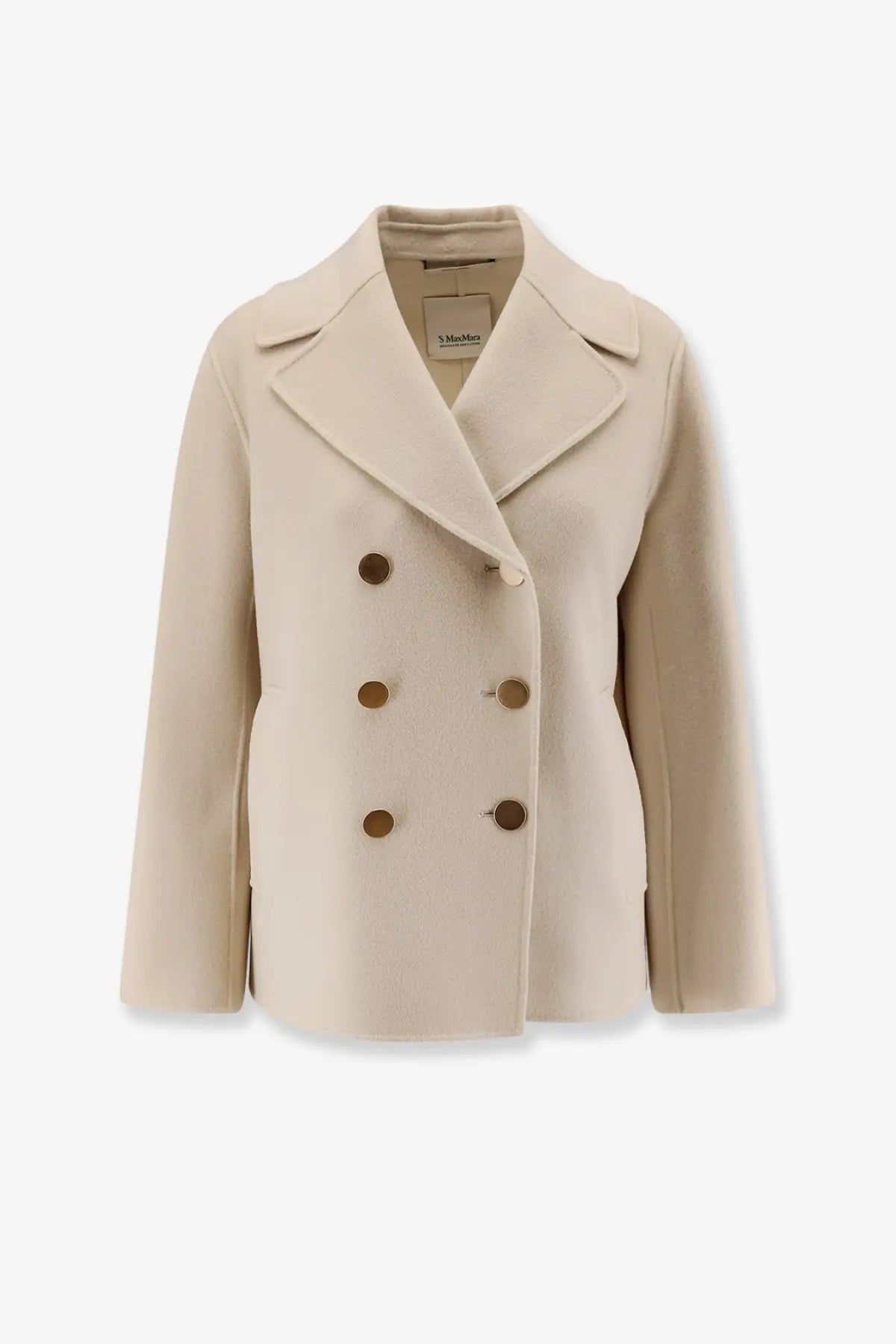 S max mara women’s smmmargot double fabric beige wool coat with cream color double-breasted design and dark brown buttons