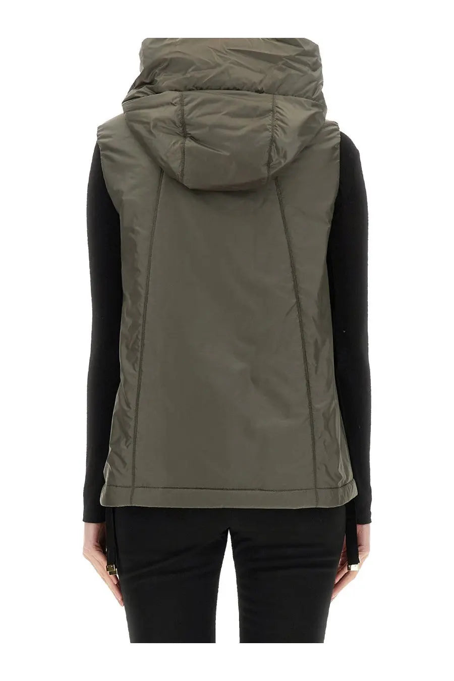 S Max Mara women’s olive green quilted hooded waterproof vest with sleek modern design in Greengo grey color