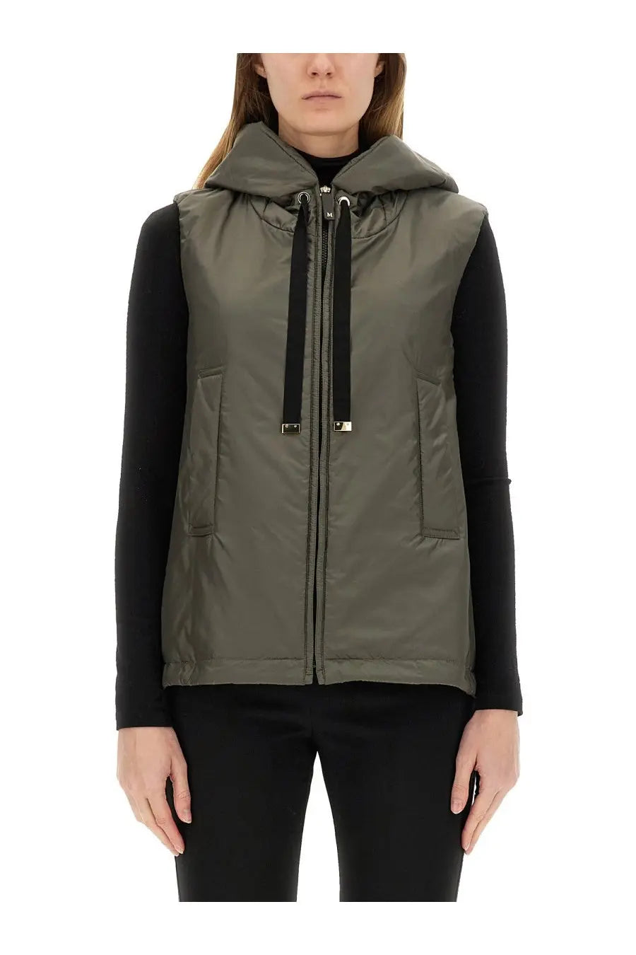 Olive green quilted hooded vest with black zipper and drawstring from s max mara women’s waterproof greengo grey collection