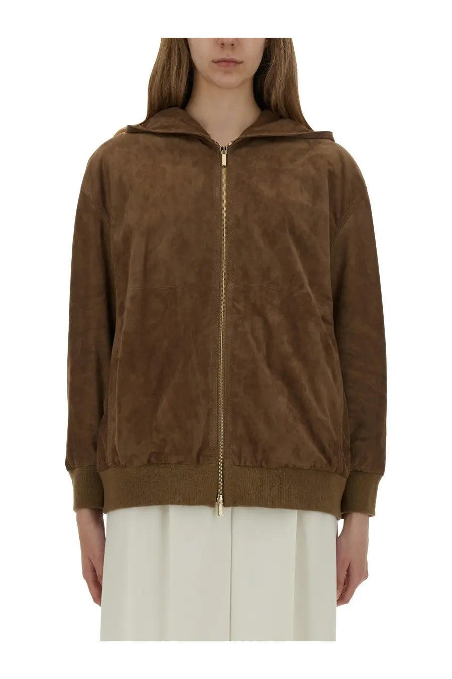 S max mara women’s zeno brown suede hooded jacket with gold zipper made from leather