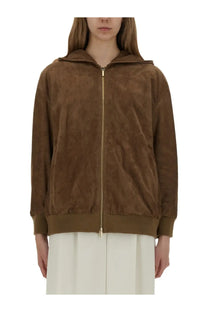 S max mara women’s zeno brown suede hooded jacket with gold zipper made from leather