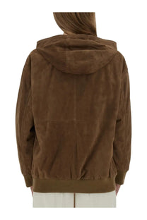 S Max Mara women’s Zeno brown leather jacket with brown suede hood, relaxed fit, and ribbed cuffs