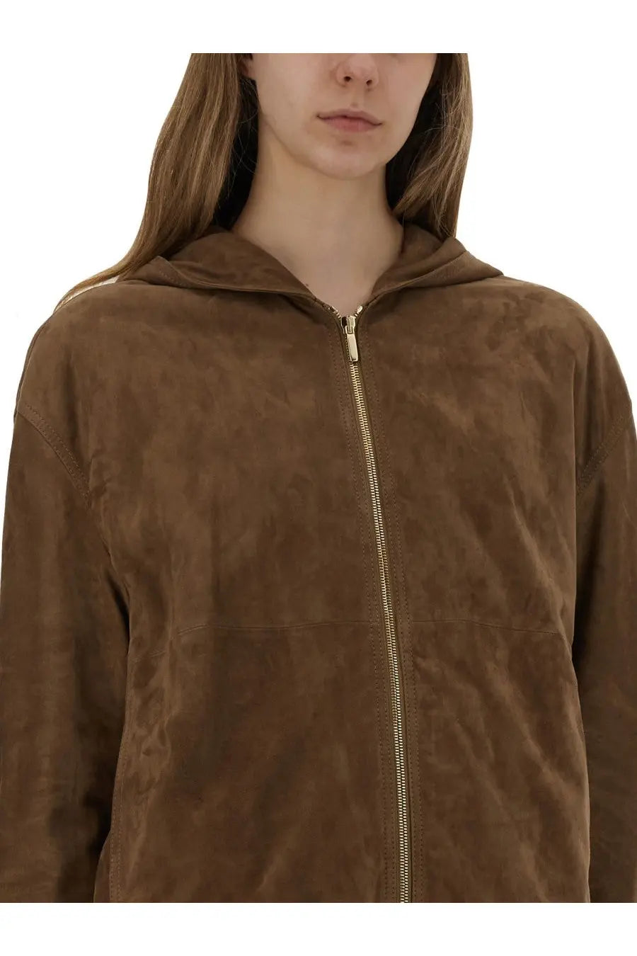 S Max Mara women’s Zeno brown suede hooded jacket with gold-toned zipper and zip-up front closure