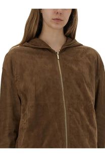 S Max Mara women’s Zeno brown suede hooded jacket with gold-toned zipper and zip-up front closure