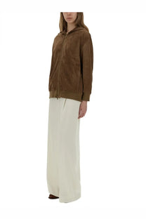 Brown suede zip-up hoodie with soft textured finish and ribbed cuffs in s max mara women’s zeno leather jacket brown collection