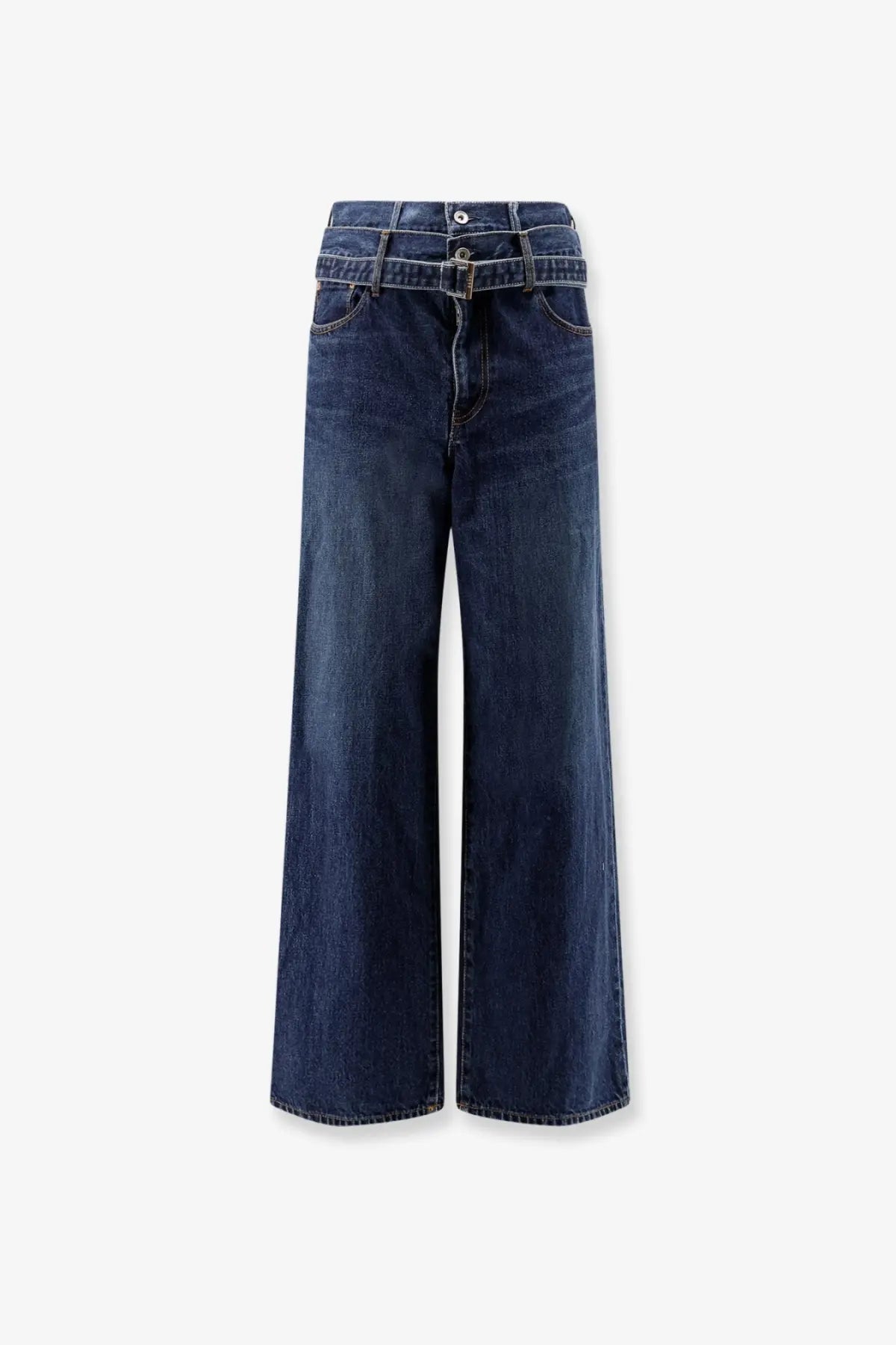 Sacai men’s blue denim jeans featuring dark blue high waist wide-leg pants with belt loop detail