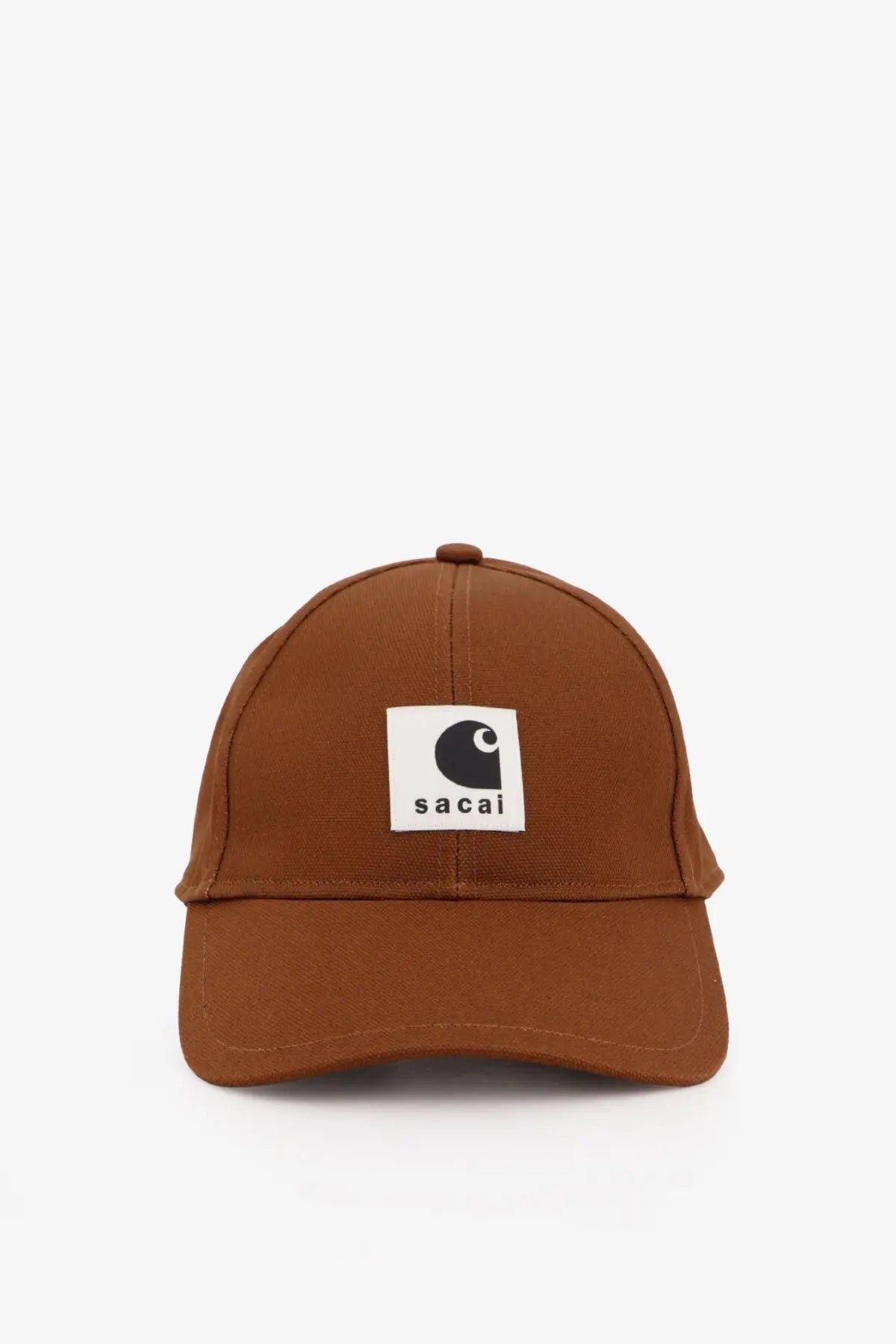 Beige sacai men’s carhartt wip duck cotton baseball hat with a brown cap and white patch featuring black sacai logo