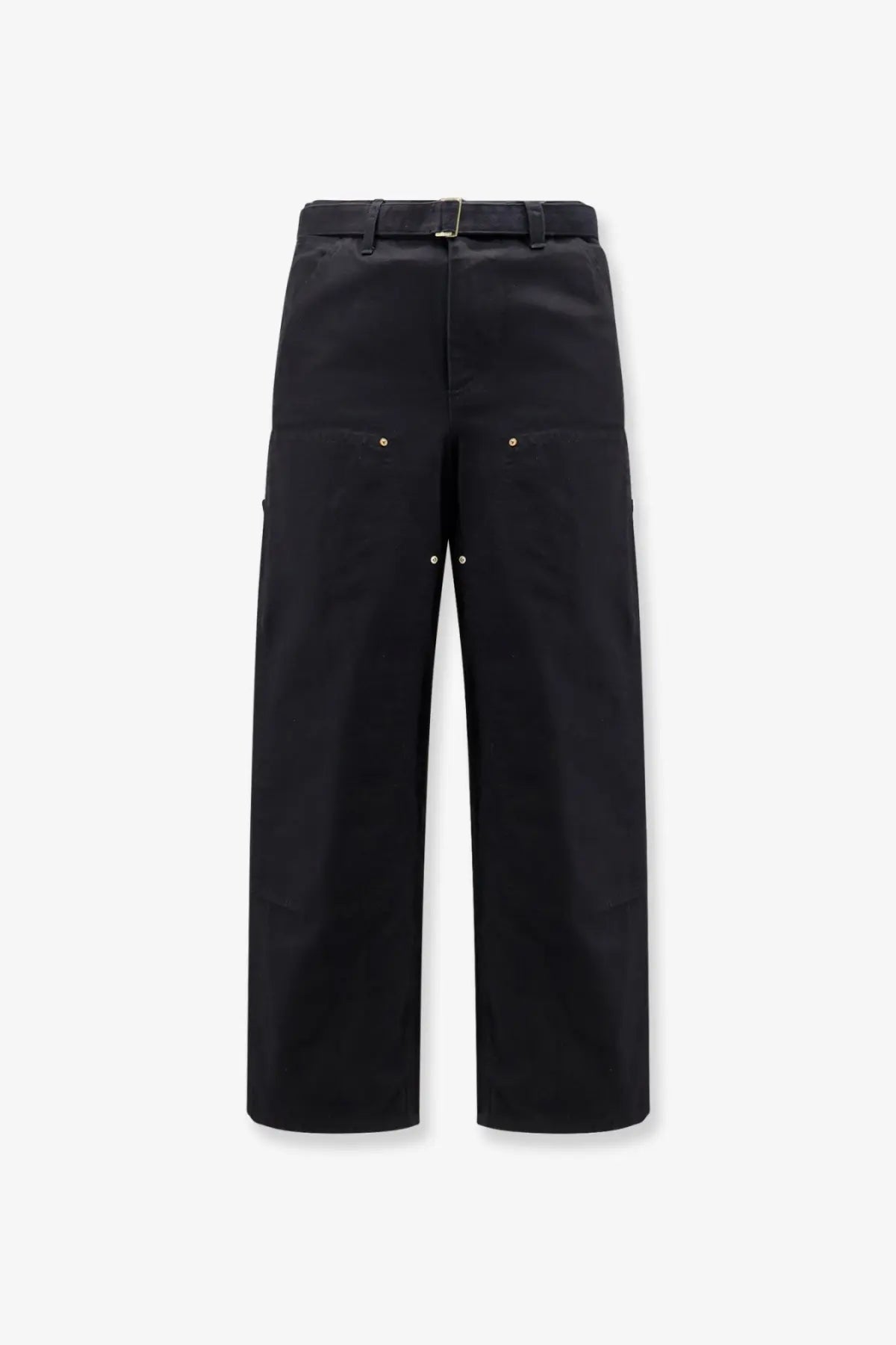 Sacai men’s Carhartt Wip black duck cotton wide-leg trousers with belt and metallic rivets on pockets