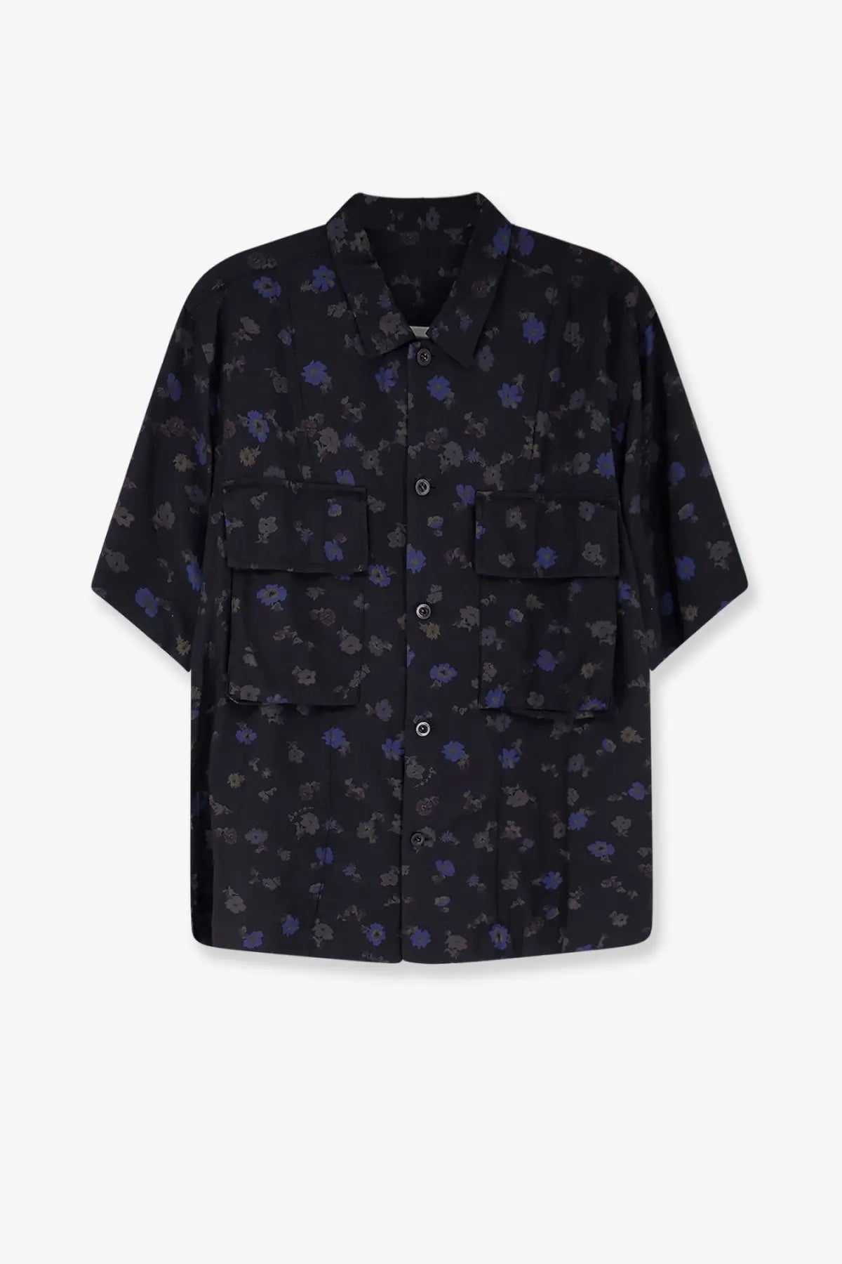 Sacai men’s black cotton blend short-sleeved shirt with subtle purple and gray floral pattern and two chest pockets