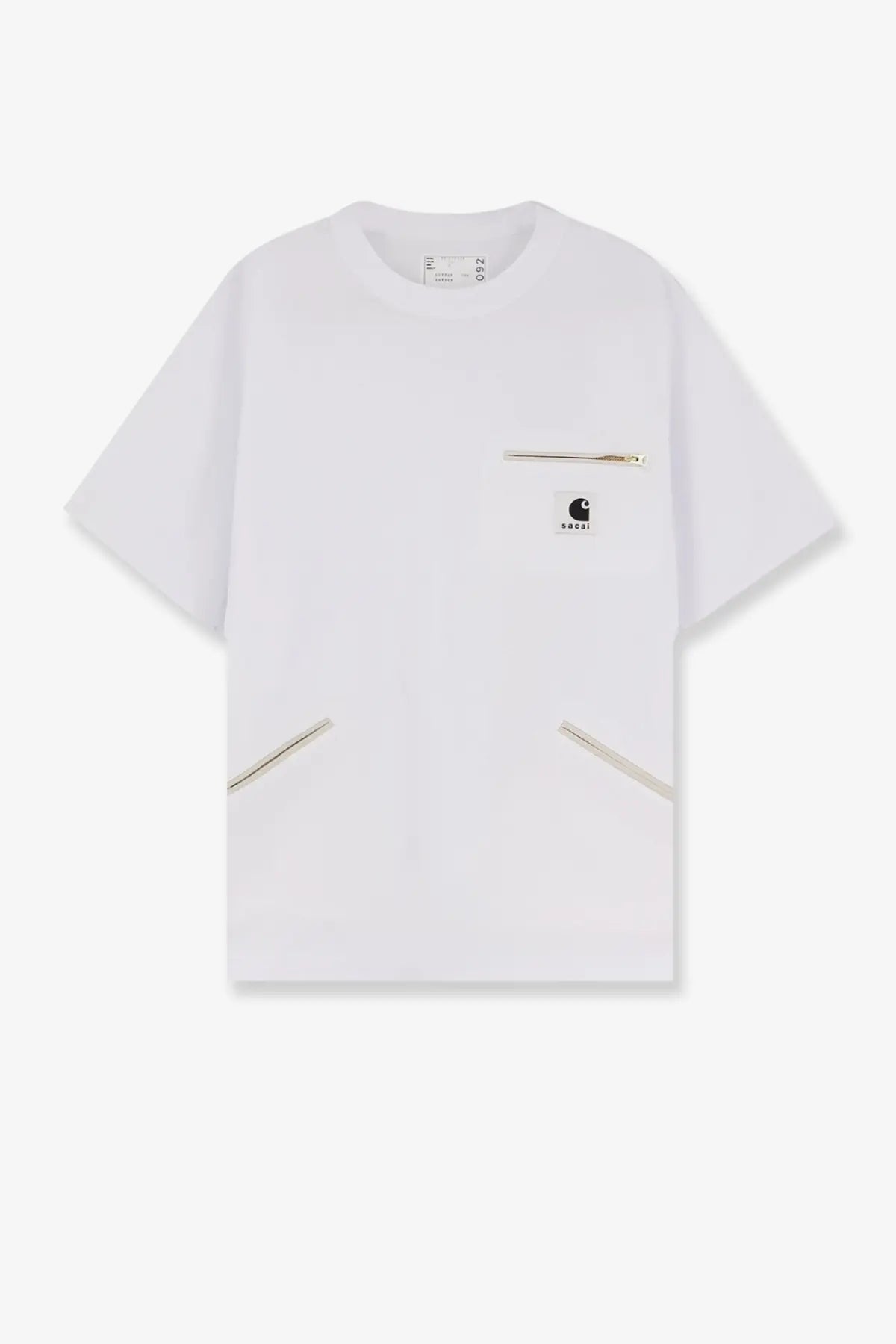 Sacai men’s white cotton shirt with Carhartt WIP chest pocket gold zipper and diagonal side zippers