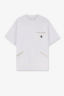 Sacai men’s white cotton shirt with Carhartt WIP chest pocket gold zipper and diagonal side zippers