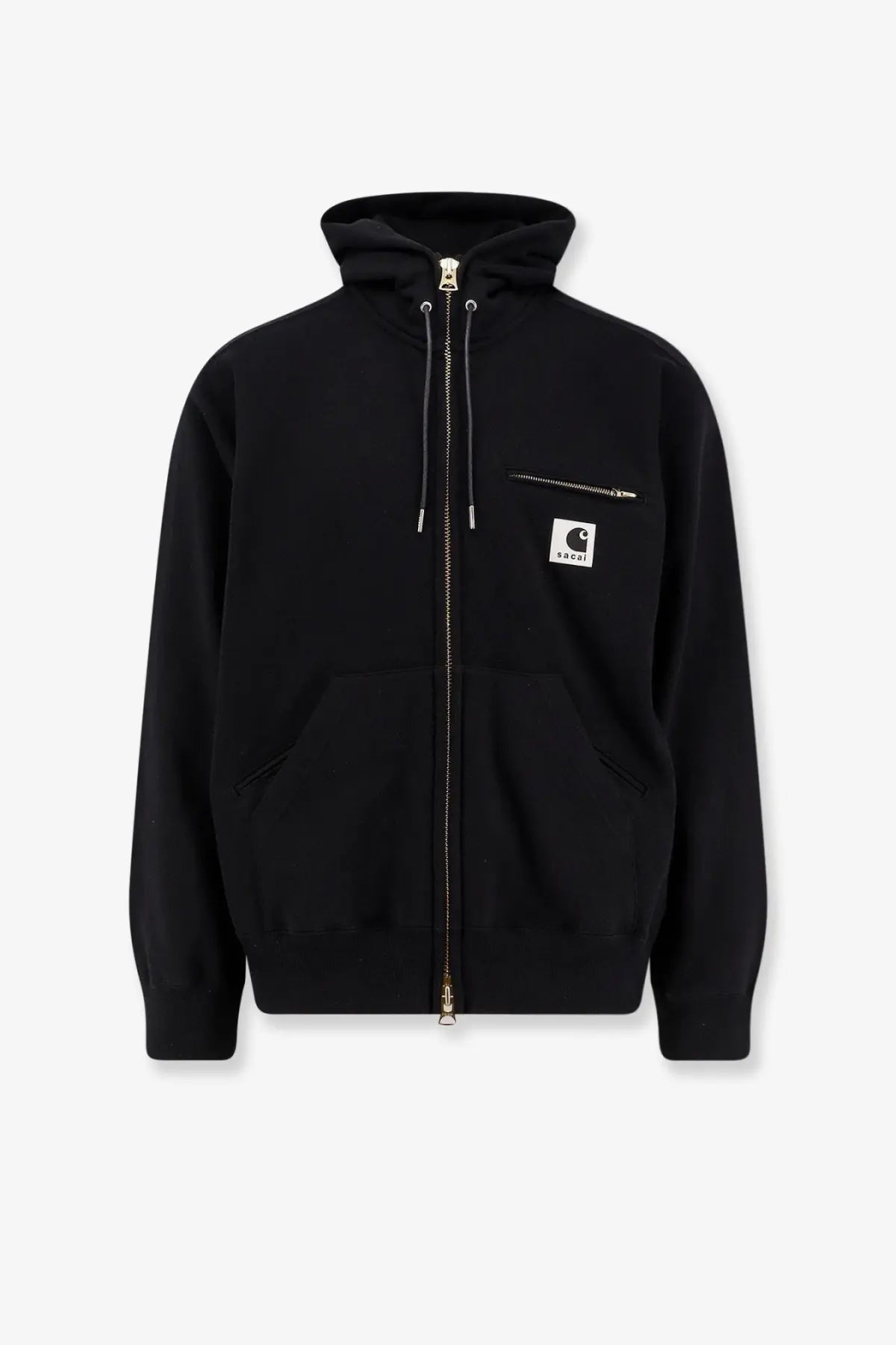 Sacai men’s black cotton sweatshirt with Carhartt hooded zip-up jacket featuring a white logo patch and silver zippers