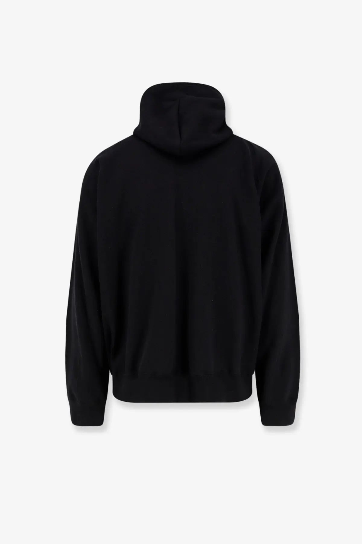 Sacai men’s black cotton sweatshirt with a relaxed fit and ribbed cuffs shown from the back side