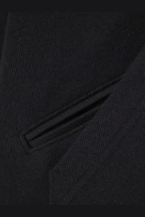 Sacai men’s black cotton sweatshirt with a black woolen coat featuring subtle textured weave and flap pocket