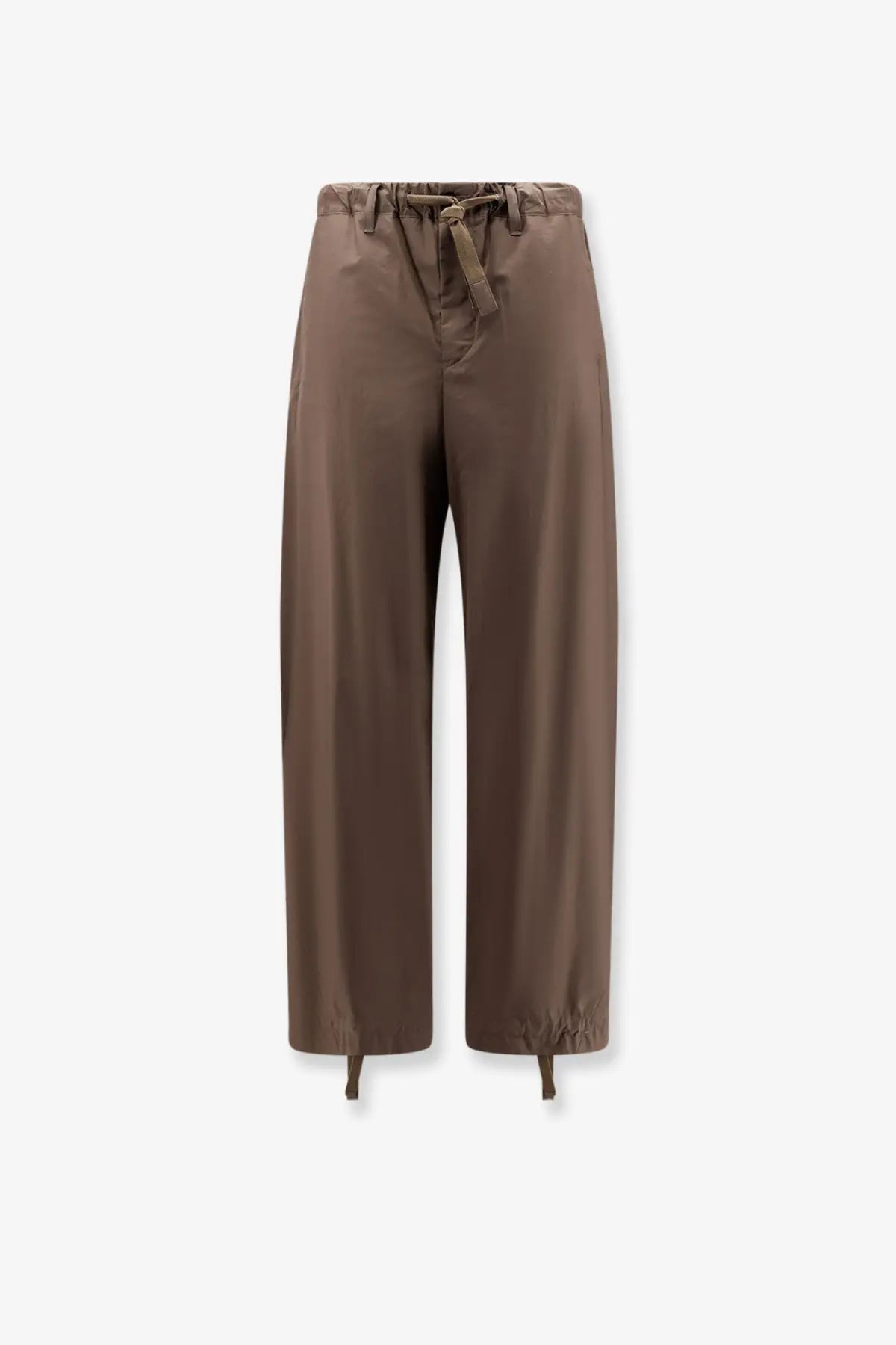 Sacai men’s cotton beige trousers with brown wide-leg fit drawstring waist and elasticated cuffs