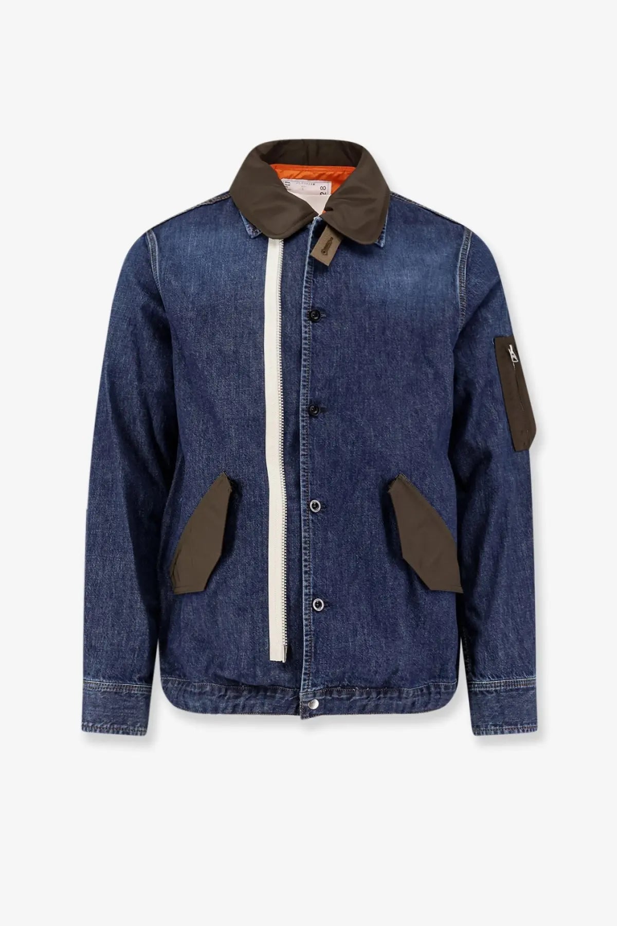 Sacai men’s denim jacket blue with contrasting dark brown collar sleeve patch pocket flaps and white front zipper