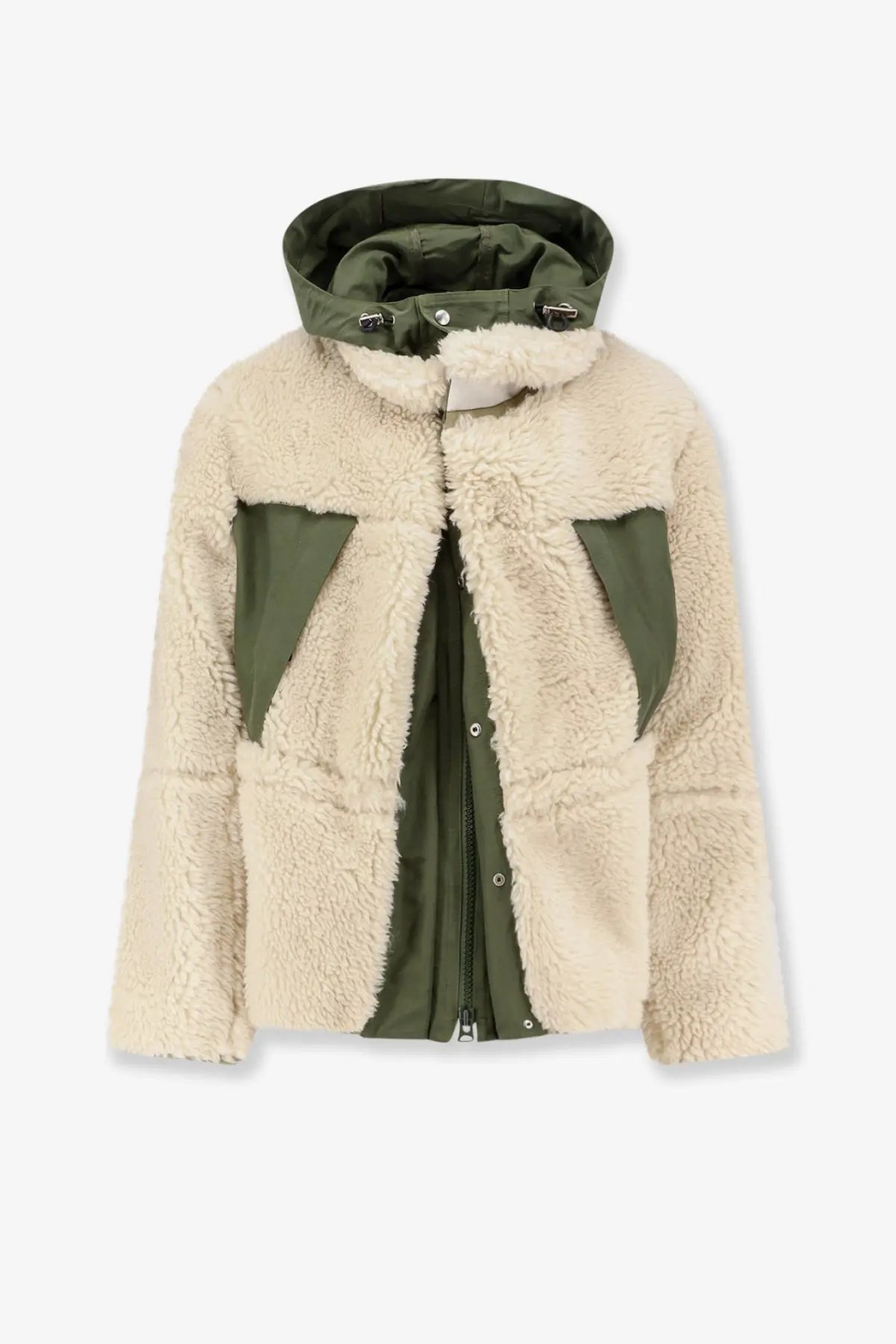 Sacai men’s eco shearling and nylon jacket in cream with olive green panels and matching hood