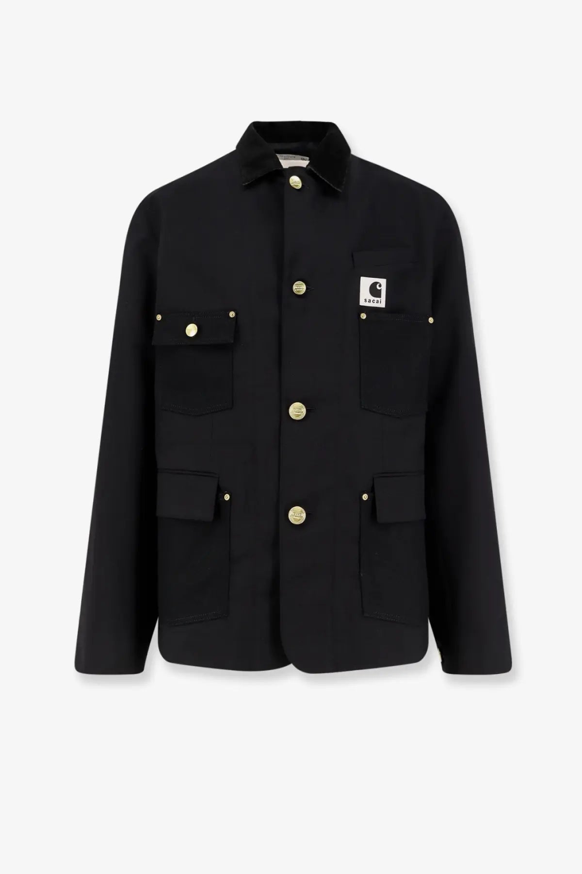 Sacai men’s black Carhartt work jacket featuring gold-tone buttons and a branded patch on the left chest