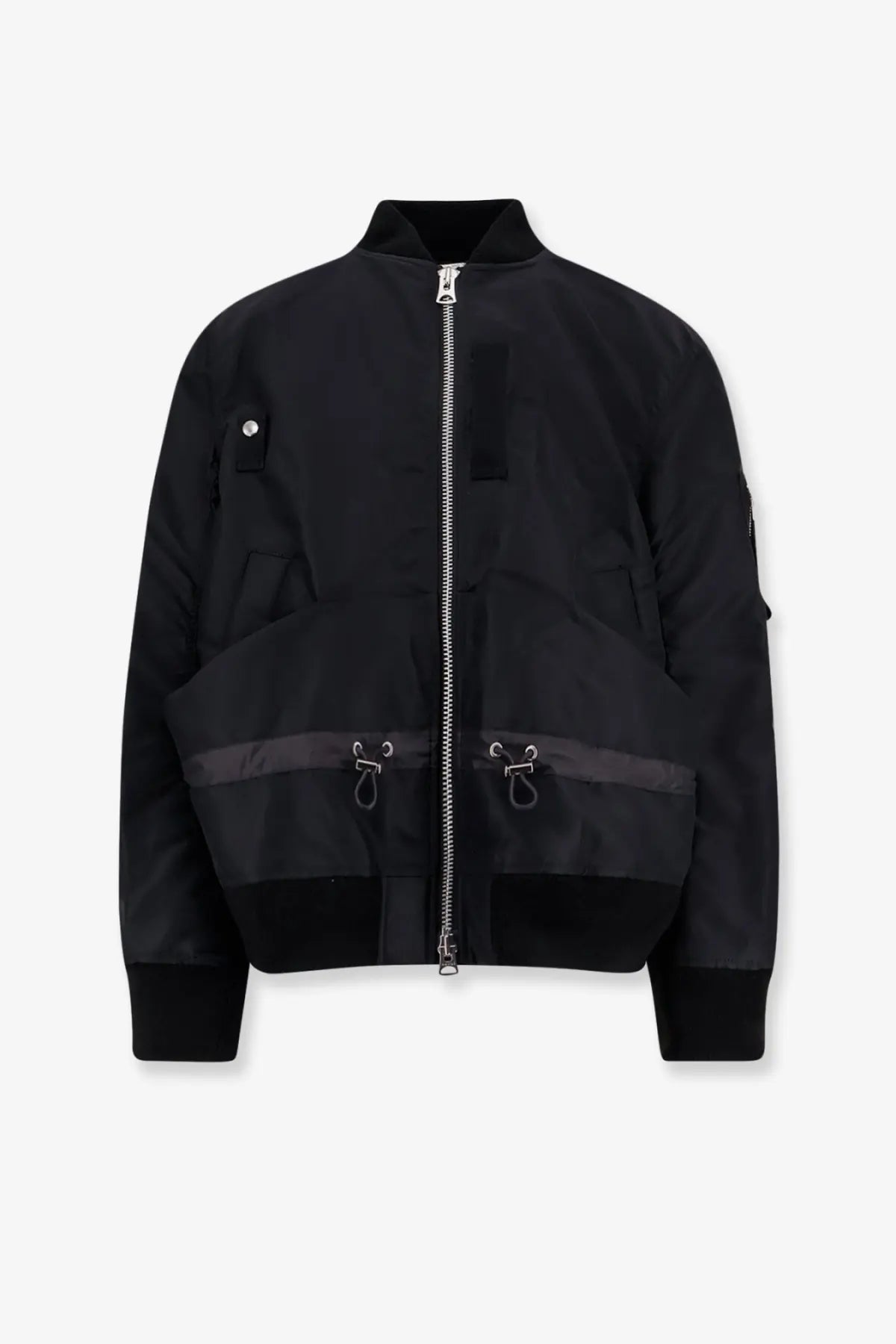 Sacai men’s black nylon bomber jacket with silver zipper and dark gray horizontal stripes on the lower front