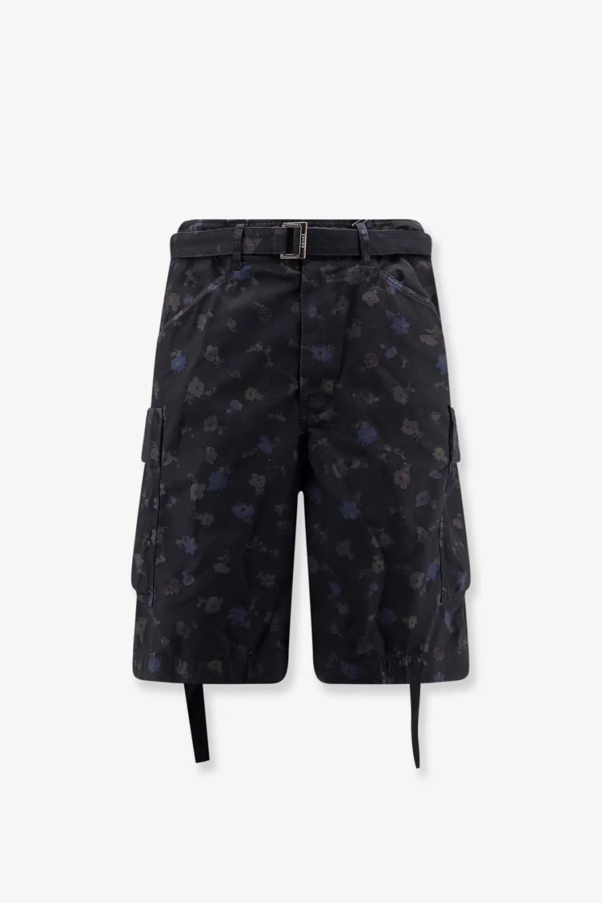 Sacai men’s printed cotton shorts in black with dark blue floral cargo design side ties and matching belt